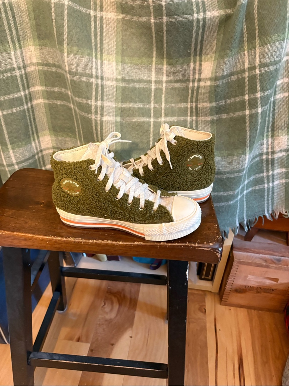 Converse Olive Green Sherpa High-Top Sneakers with Cream Accents - Picture 5 of 9